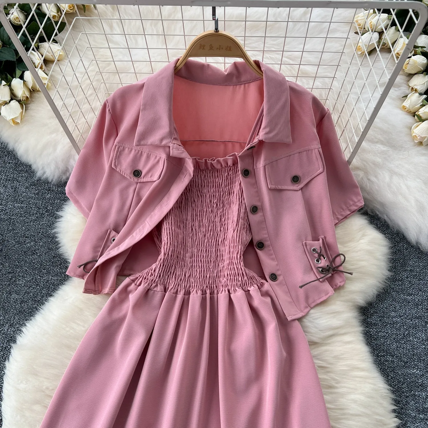 Short Shirt&Pleated Slip Dress 2Pcs