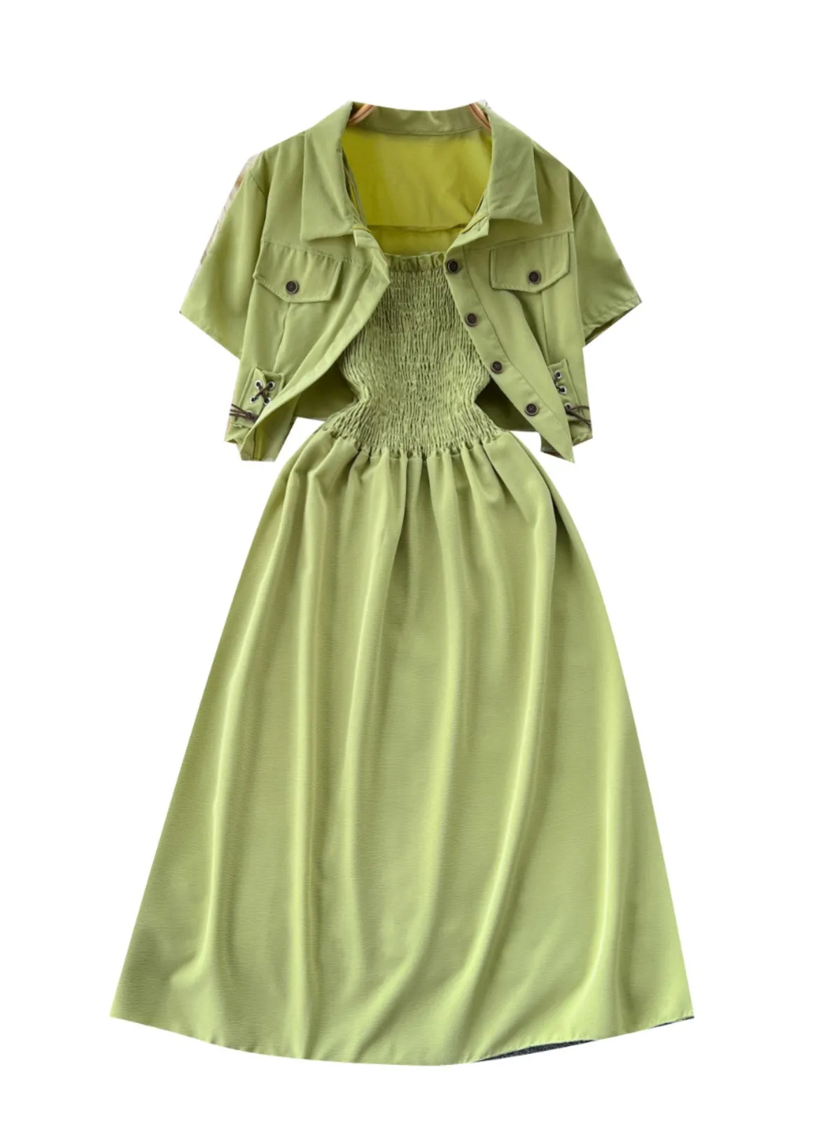 Short Shirt&Pleated Slip Dress 2Pcs