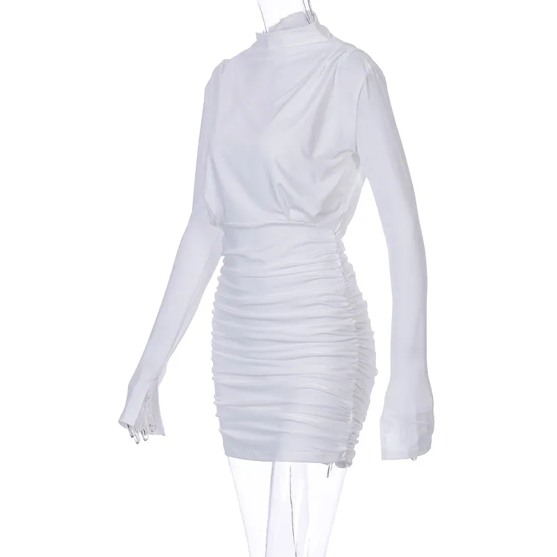 Streetwear Long Sleeve Ruched Cowl Neck Women Mini Dress