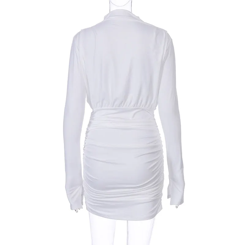Streetwear Long Sleeve Ruched Cowl Neck Women Mini Dress