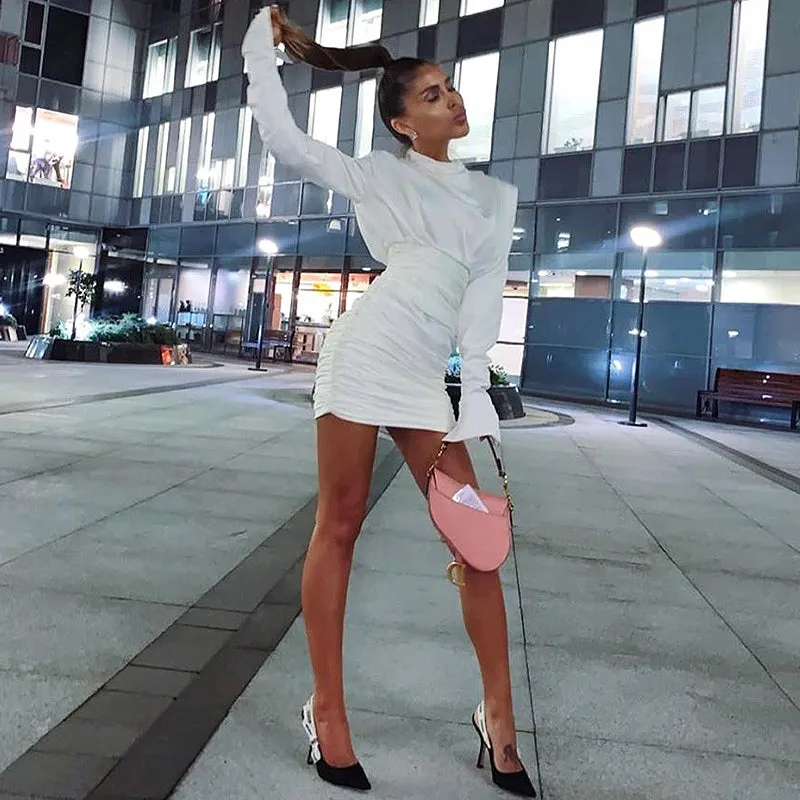 Streetwear Long Sleeve Ruched Cowl Neck Women Mini Dress