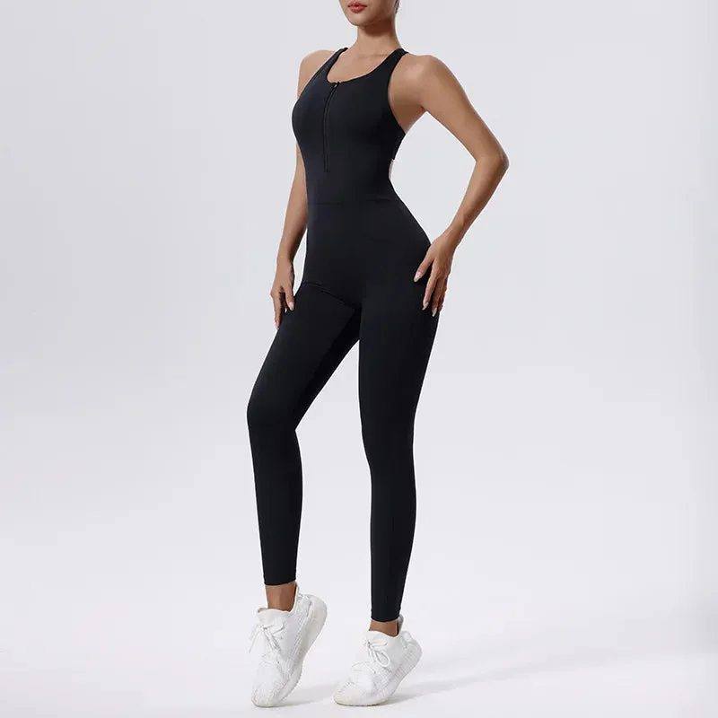 Trend4us Women's Seamless Zip-Up Racerback Jumpsuit