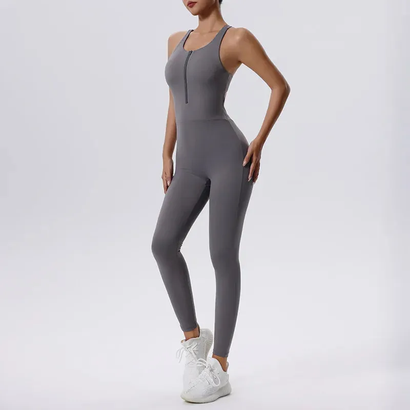 Trend4us Women's Seamless Zip-Up Racerback Jumpsuit