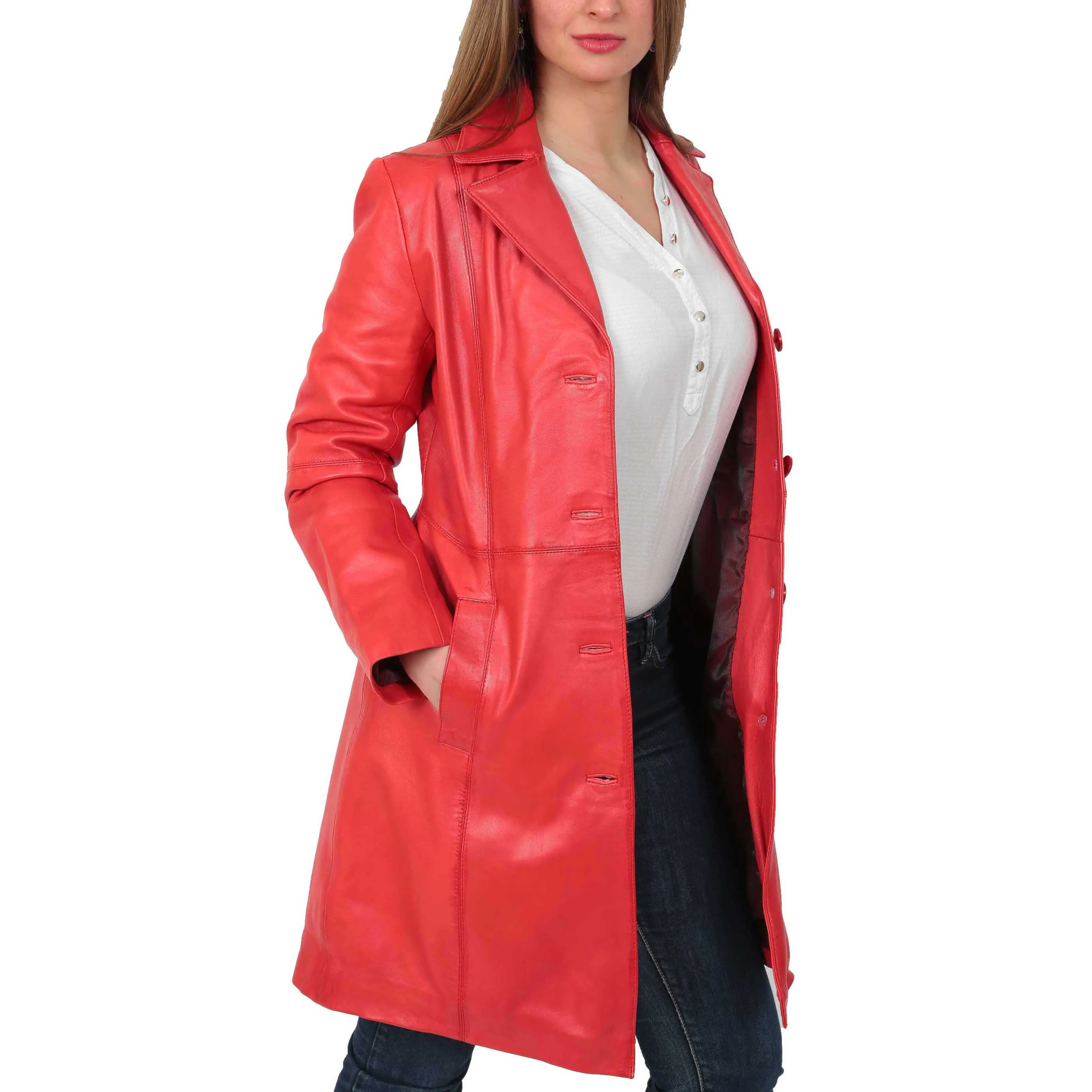 Womens 3/4 Button Fasten Leather Coat Cynthia Red